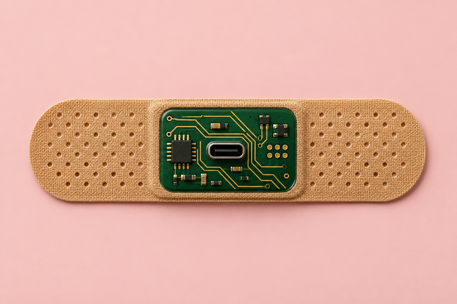 A tan adhesive bandage with a forest-green circuit board, gold circuitry, and a USB-C port